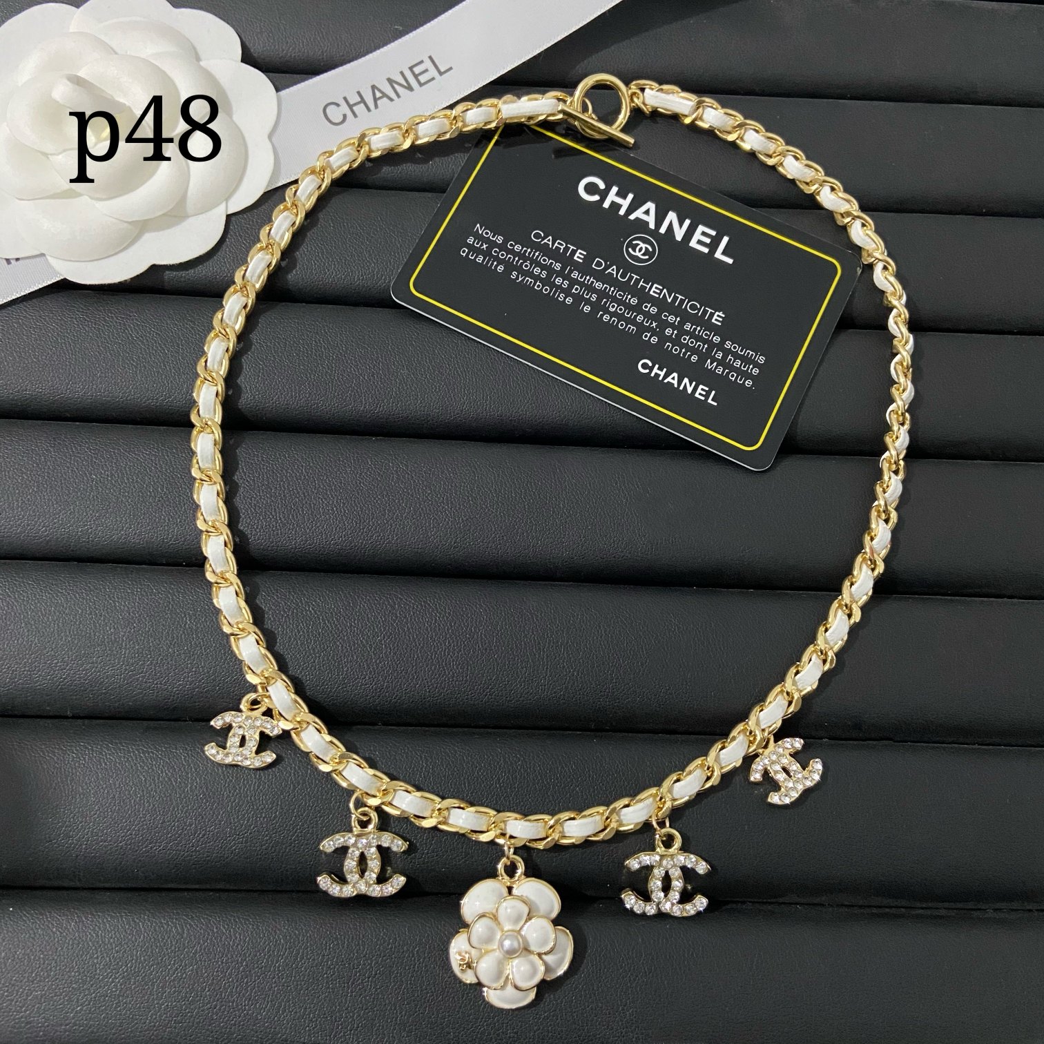 Chanel white camellia choker lambskin necklace 110969