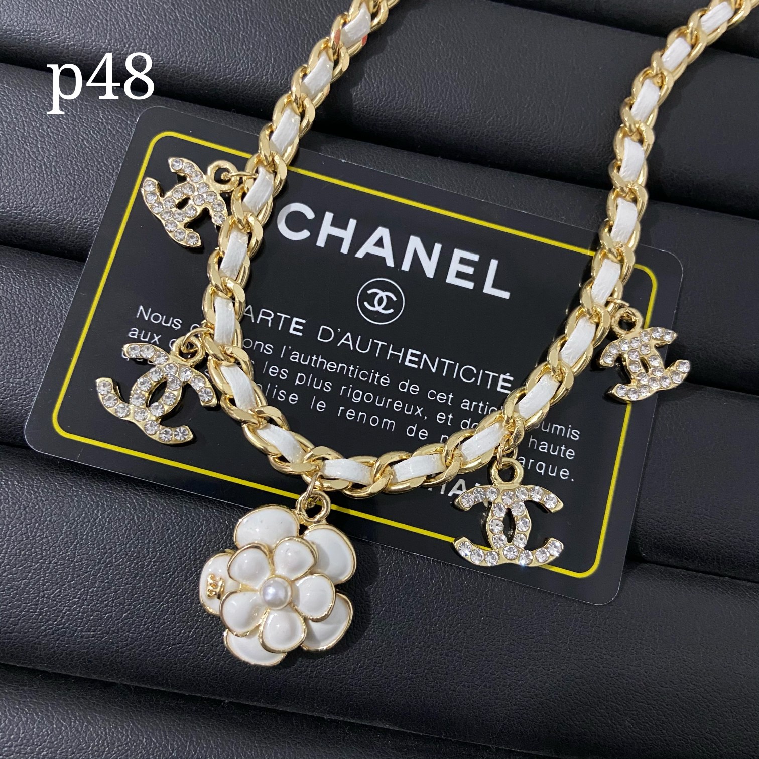 Chanel white camellia choker lambskin necklace 110969