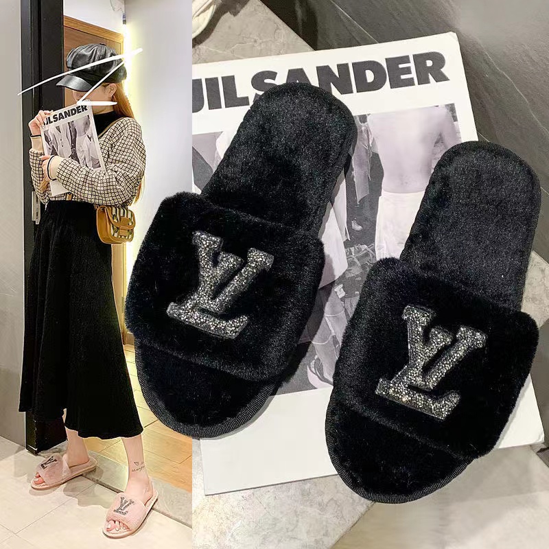 Black-LV Comfortable plush fur slippers