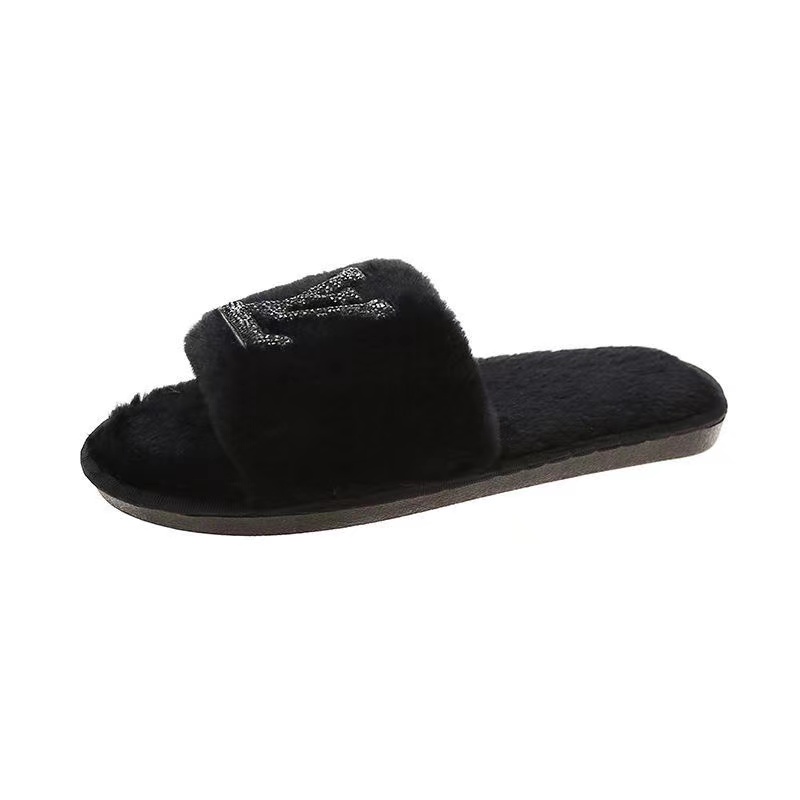 Black-LV Comfortable plush fur slippers