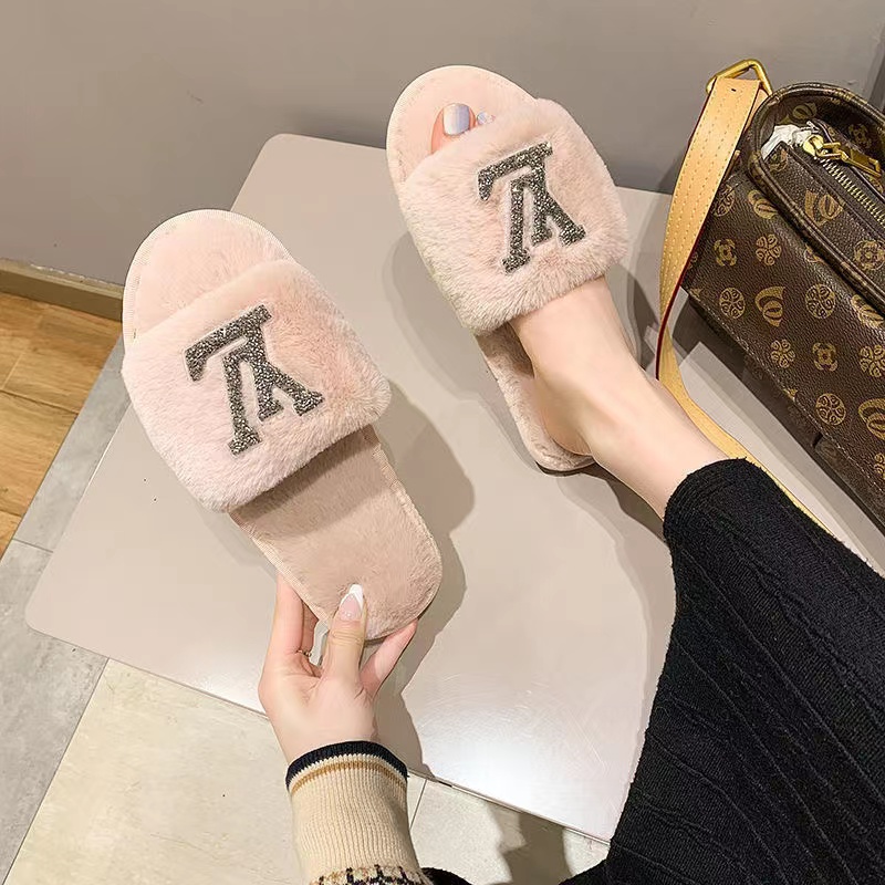 Pink-LV fur slippers