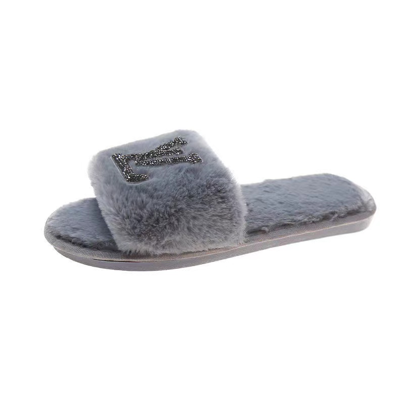 Gray-LV fur slippers