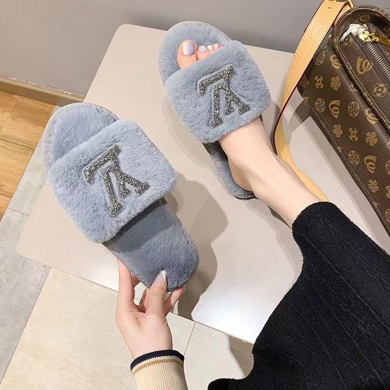 Gray-LV fur slippers