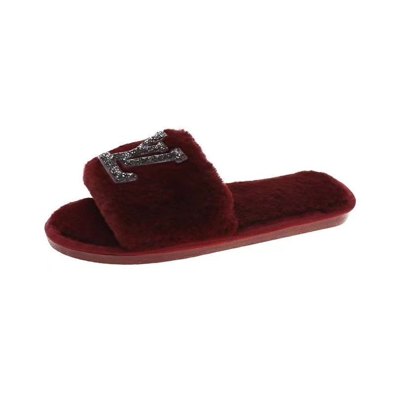 Wine red-LV fur slippers