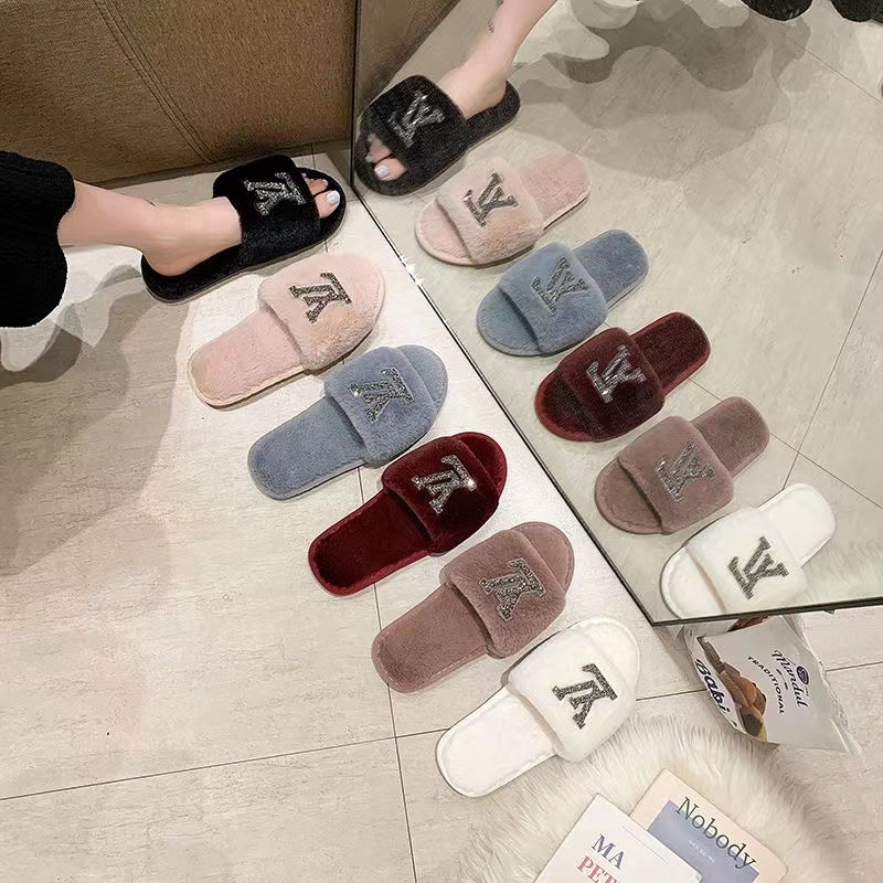 Wine red-LV fur slippers