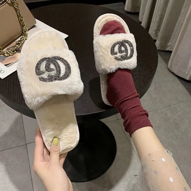 White-Gucci fur slippers