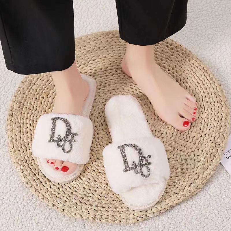 White-Dior fur slippers