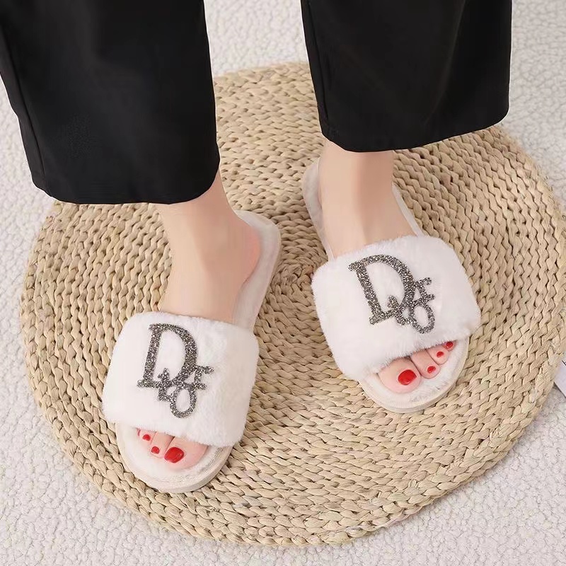 White-Dior fur slippers
