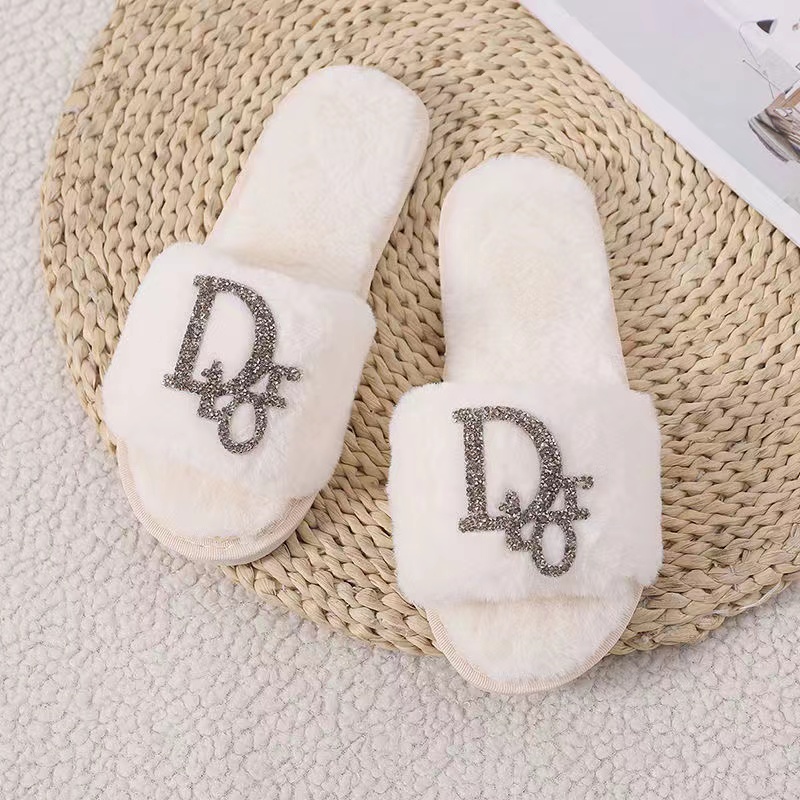 White-Dior fur slippers