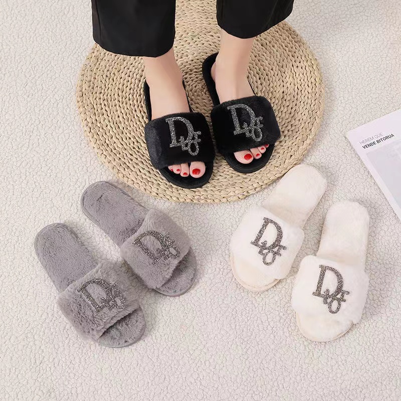 White-Dior fur slippers