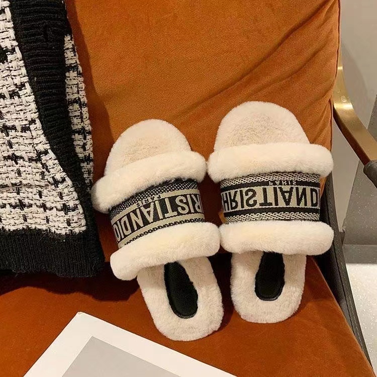 White-Dior fur slippers