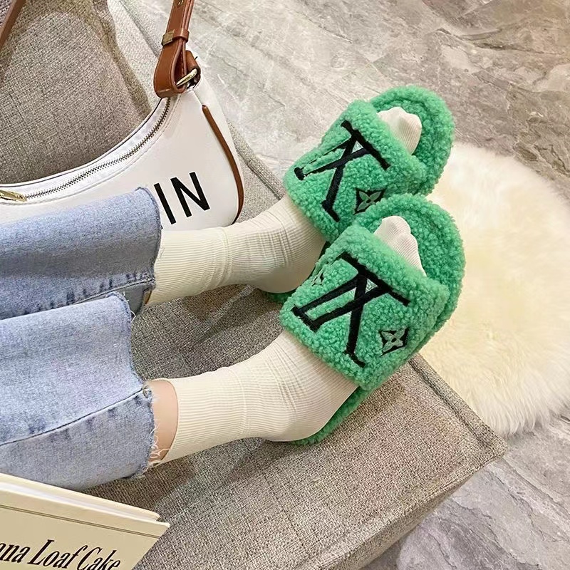 Green-LV fur slippers Louis vuitton