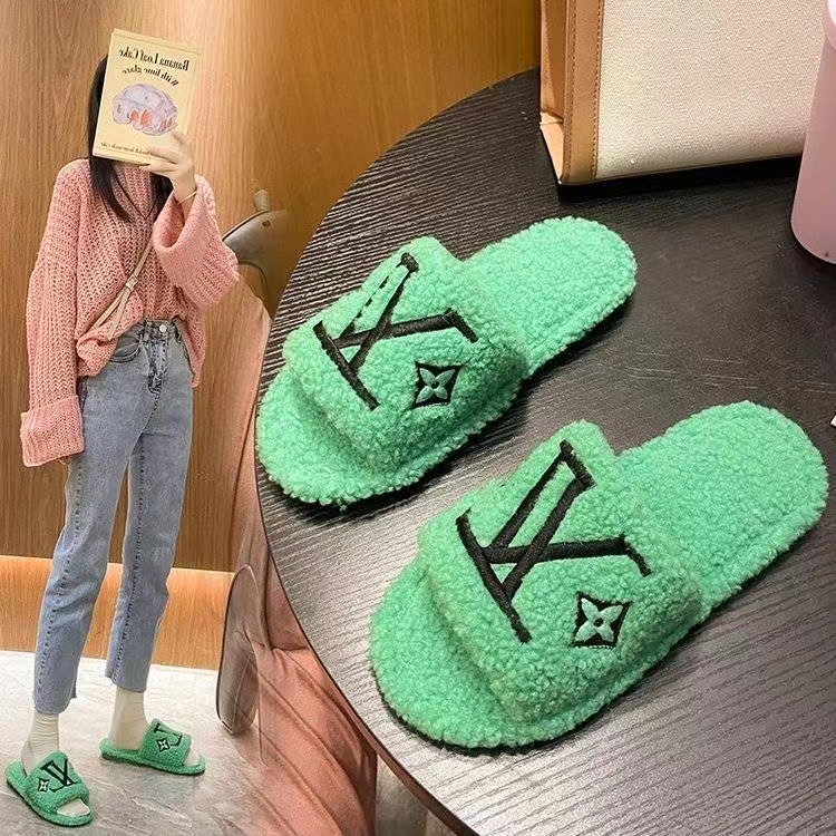 Green-LV fur slippers Louis vuitton