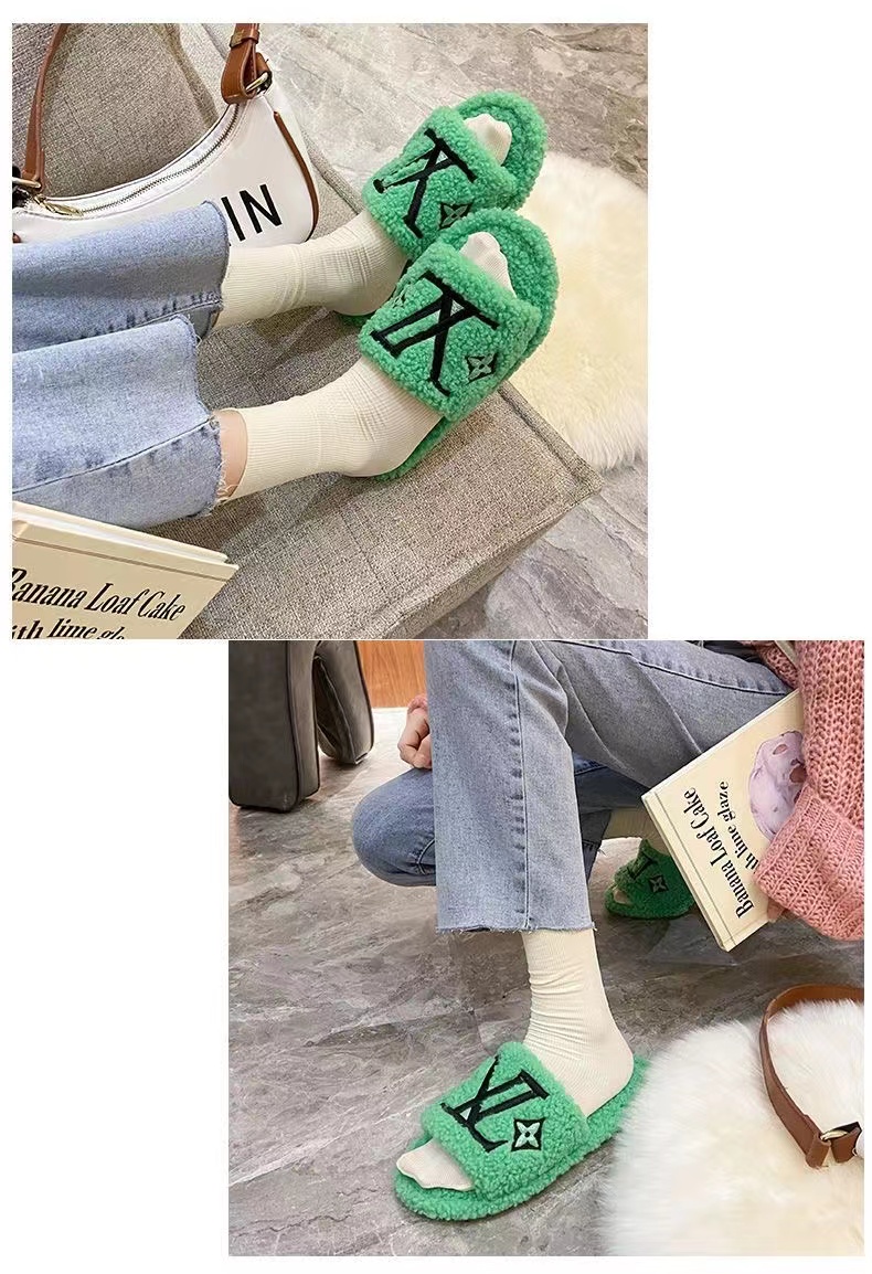 Green-LV fur slippers Louis vuitton