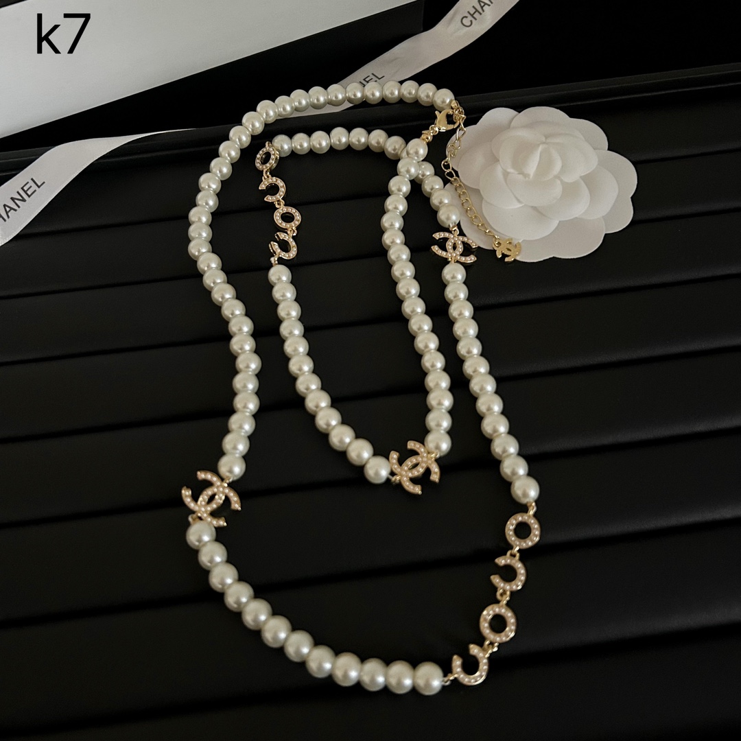 k7 Chanel coco long pearls necklace