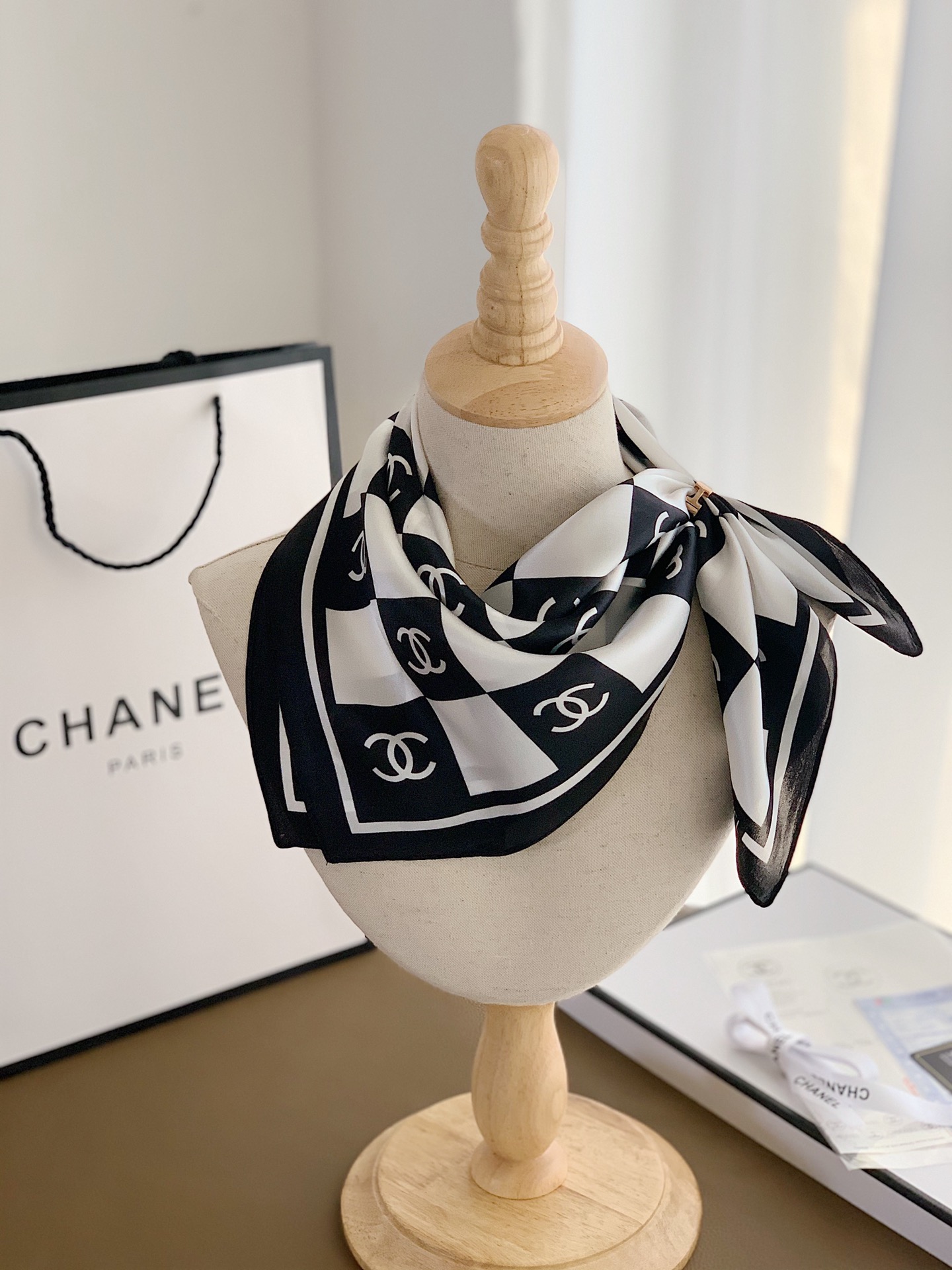 Chanel Black Silk scarf 70cm 113745
